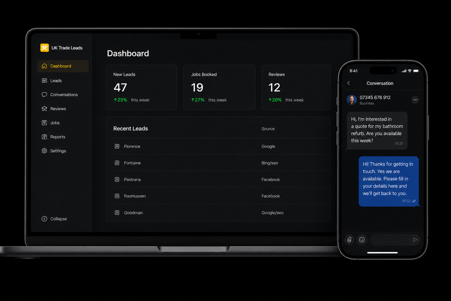 UK Trade Leads dashboard and customer conversation app