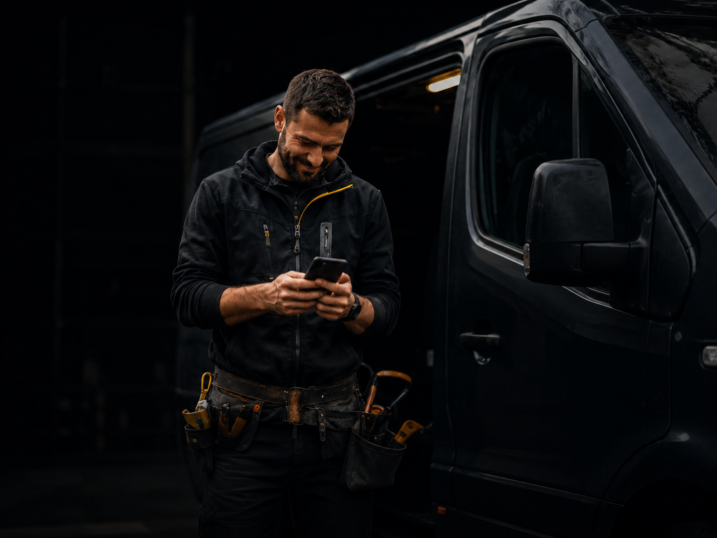 Tradesperson checking a phone beside a work van