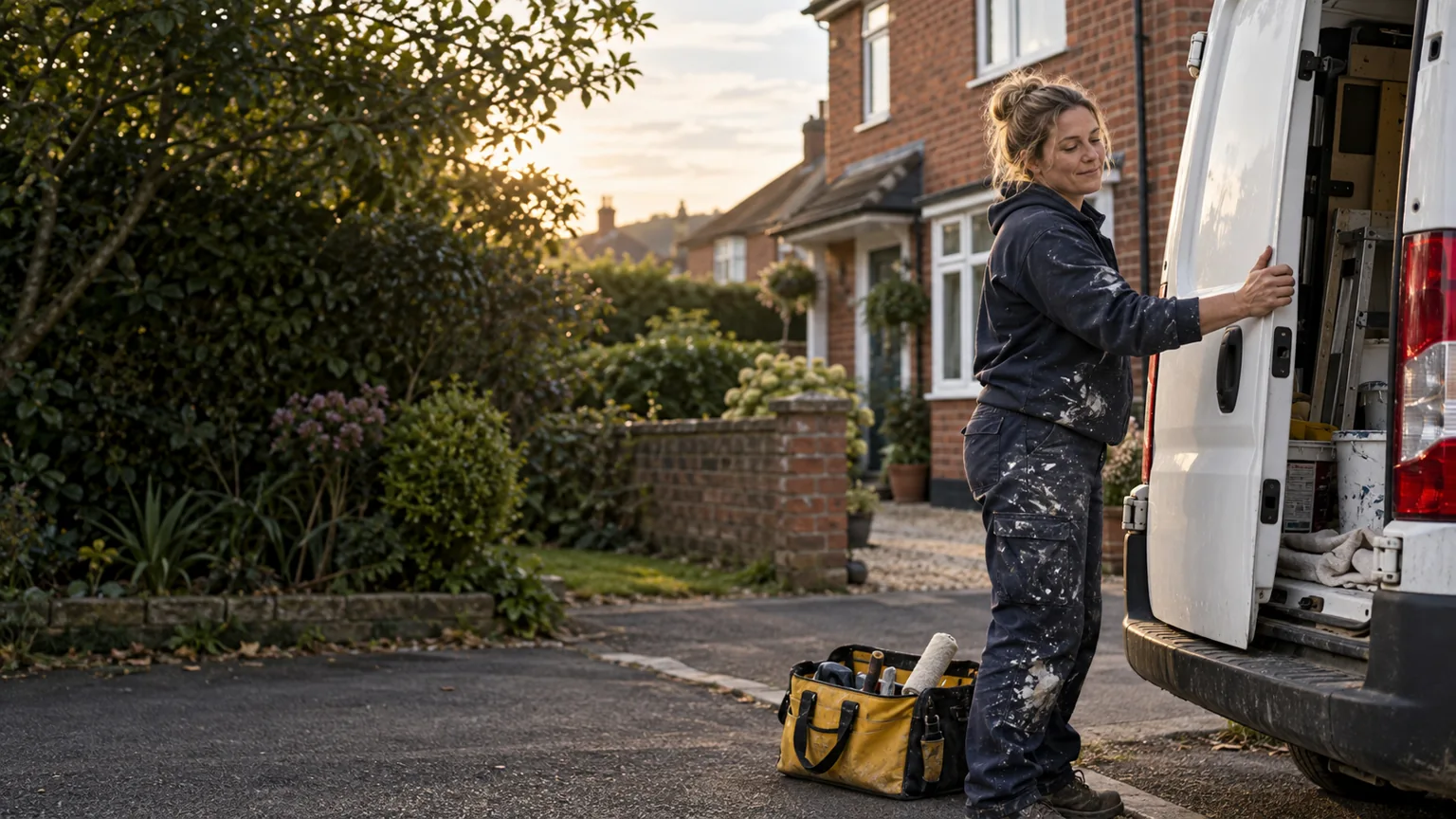 Illustrative scene of a decorator finishing the day beside her work van