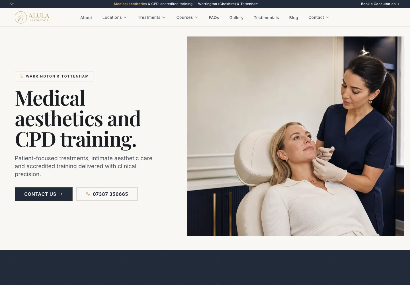 Homepage of the Alula Aesthetics website