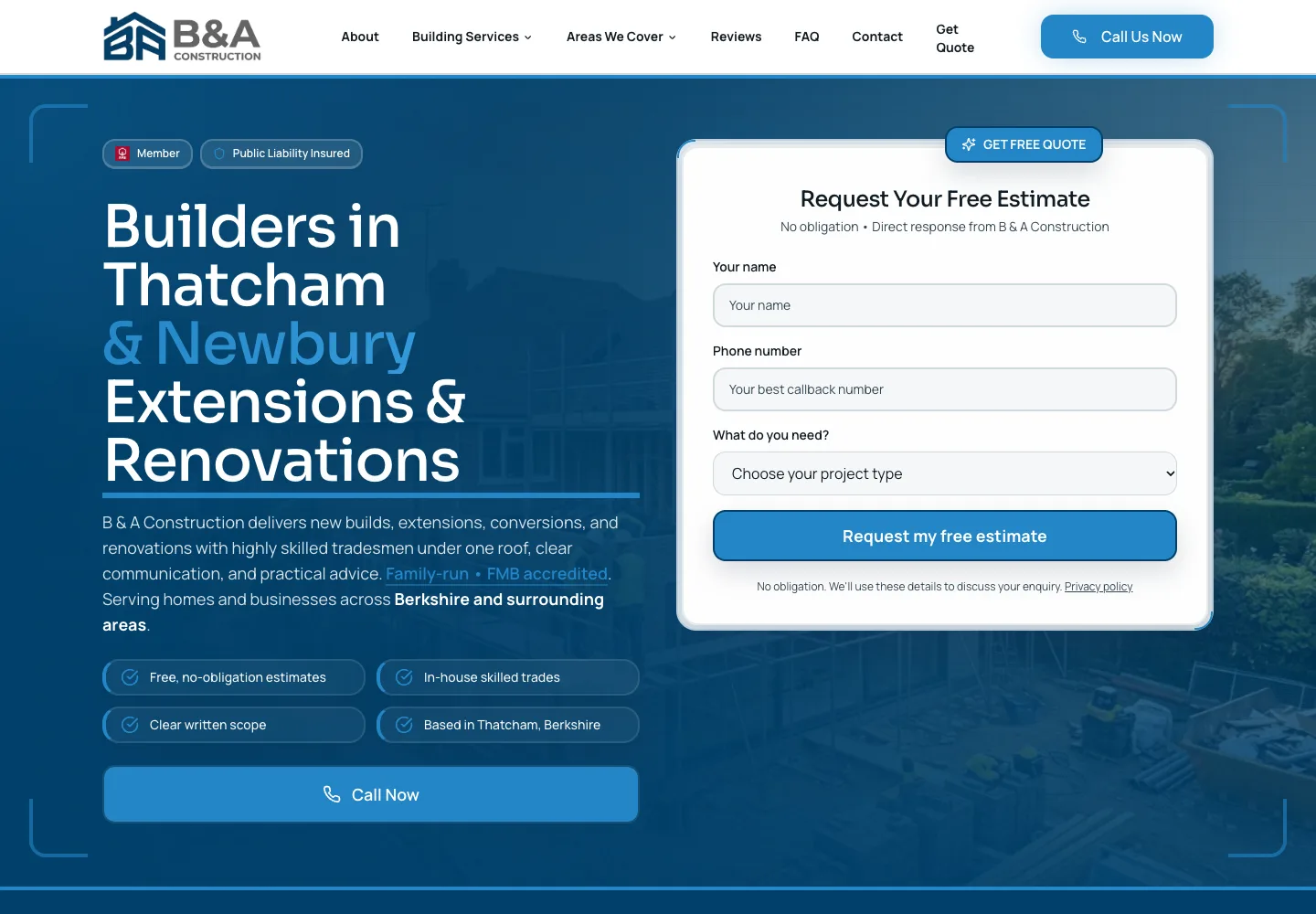 Homepage of the B & A Construction Berkshire website
